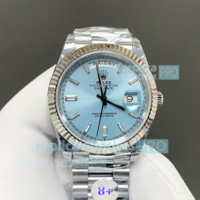 8+ Factory Swiss Copy Rolex Ice Blue Day-Date Gain Weight Stainless Steel Watch 40mm 